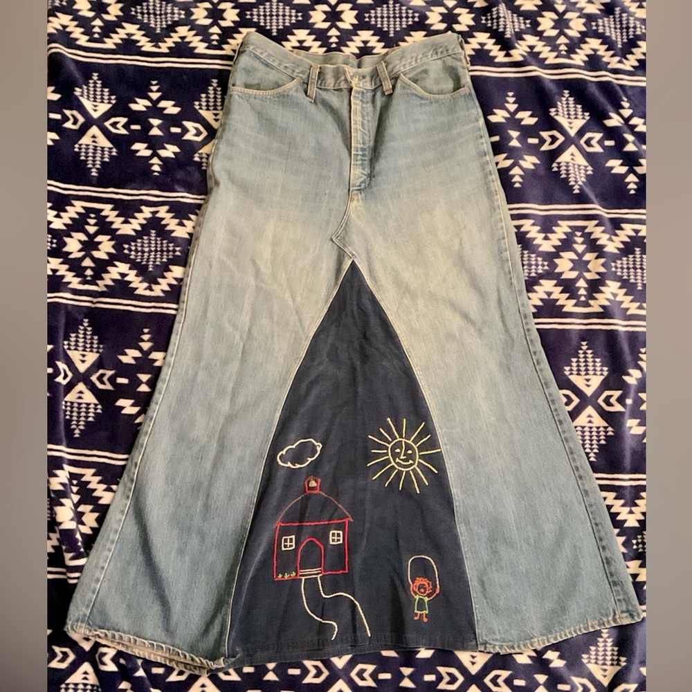 OOAK 70s Denim Jean Long Skirt made from Jeans Embroidered Panel size 34 waist